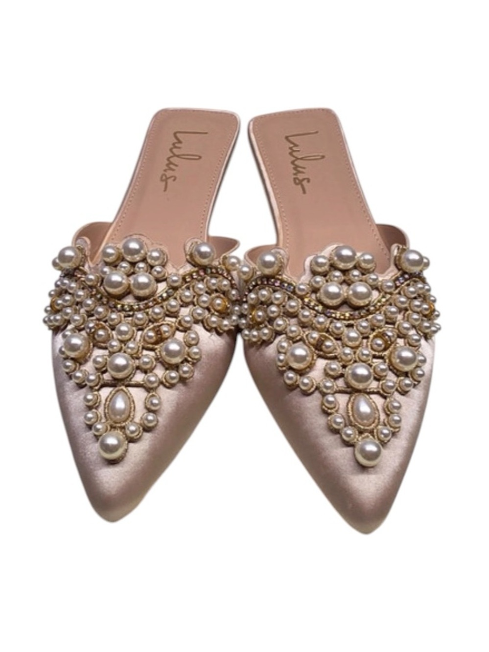 Lulu's Champagne Pearl-Embellished Pointed slip on Mule Bridal regency core